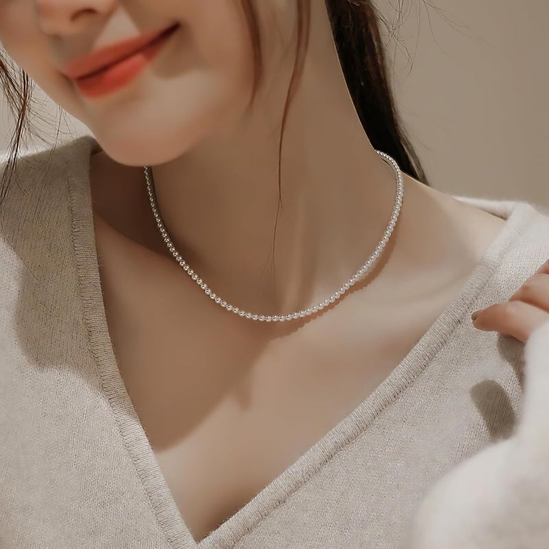 Eymi Simple Tiny Dainty Pearl Choker Necklace Jewelry for Women Sterling Silver Round White Pearl Strand Necklaces Adjustable - Image 3